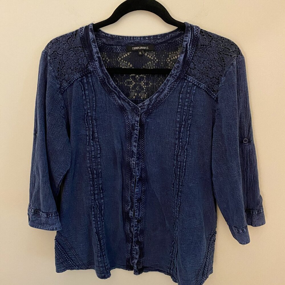Compliments Womens Dark Wash Denim Top with Crochet Details 3/4 Sleeves Size XL
